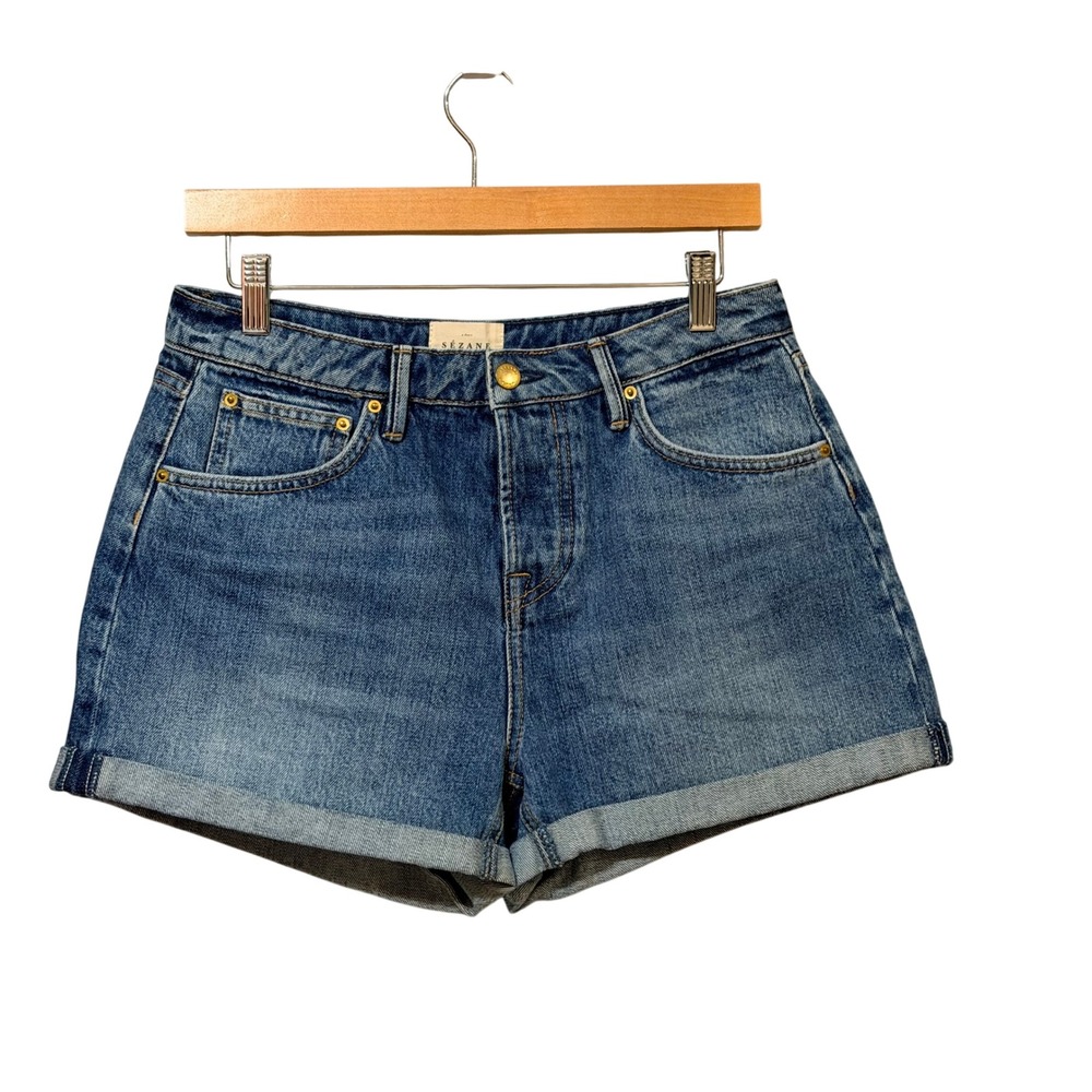 Sezane‎ Denim Shorts Medium Wash  Organic Cotton Cuffed High Rise Size 38 US 6